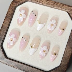 Elegant Pink and White Almond Handmade Press On Nails Art Set